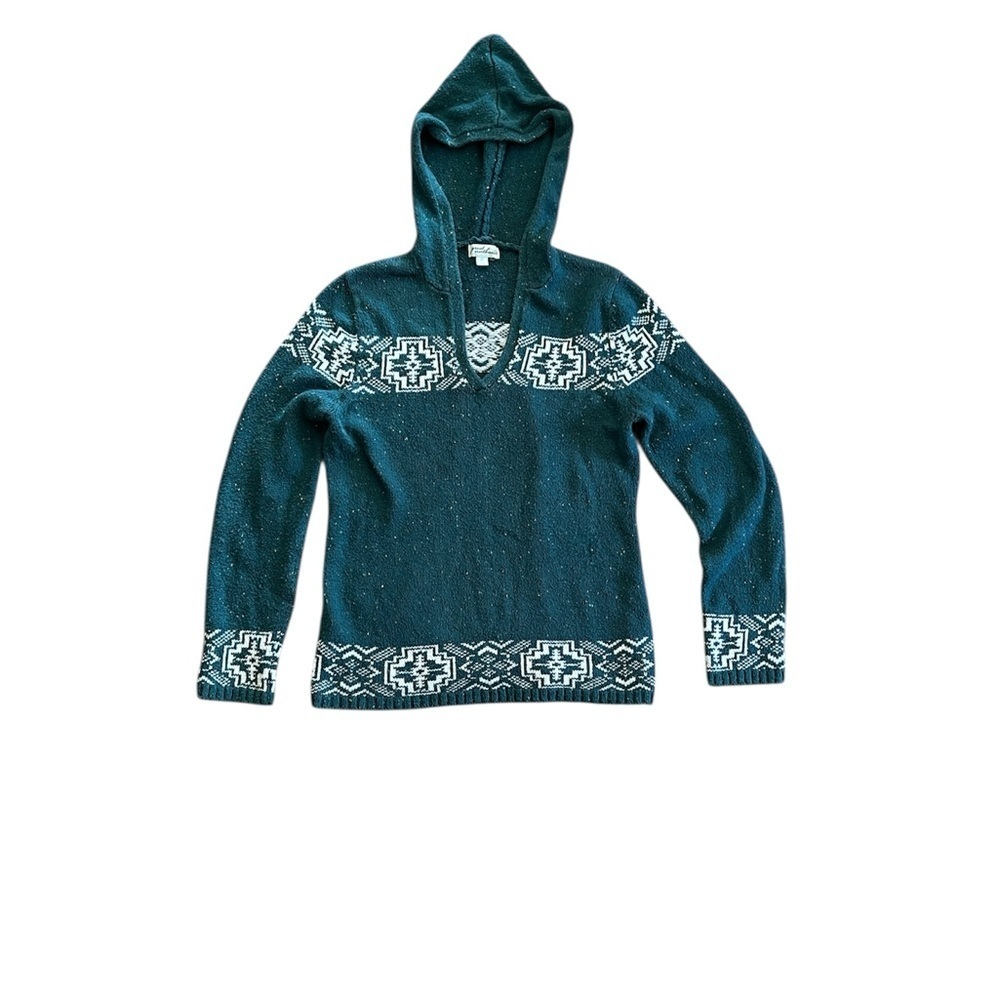 Great Northwest Women’s Teal Green Winter V-Neck Hooded Geometric Sweater M‎